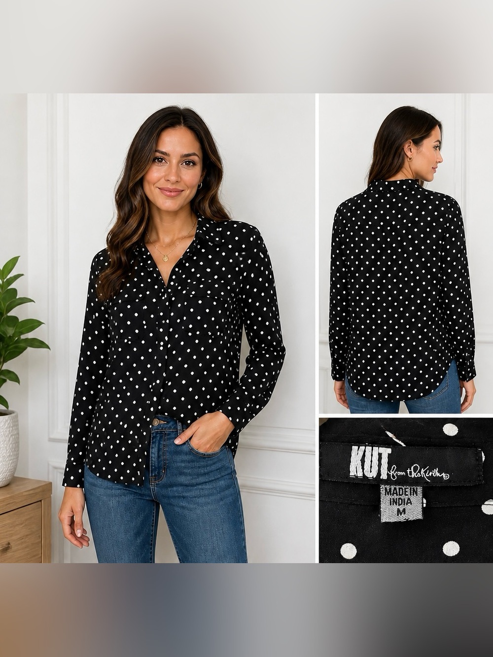 KUT from the Kloth Black Polka Dot Button Front Blouse Size Medium